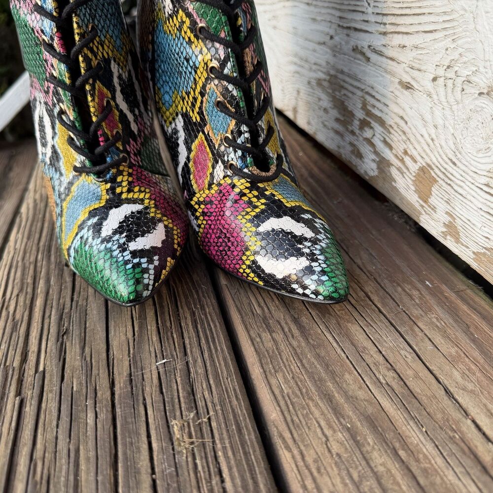 Liliana Womens Size 8 Colorful Snakeskin Lace Up Stiletto Knee High Boots - Picture 5 of 10